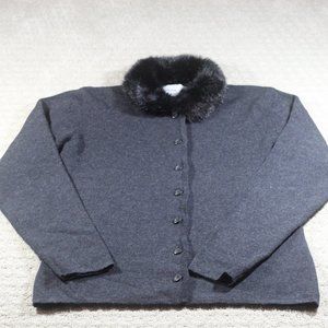 Sharon Young Size M Merino Wool Charcoal Grey Faux Fur Collar Sweater